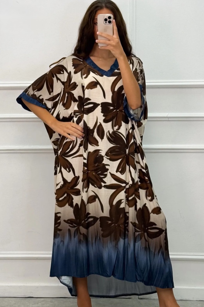 Robe à fleurs surdimensionnée Lize nm100 Encolure en V unie garnie