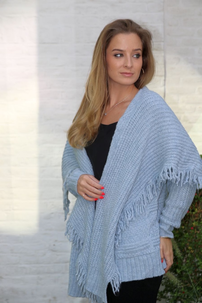 Tricot jas Lynde nm26 XL kraag met franjes parelsteel 