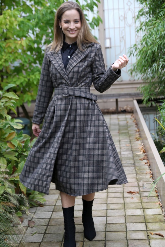 Lange jas Nienke geruite blokken jacquard reverskraag 