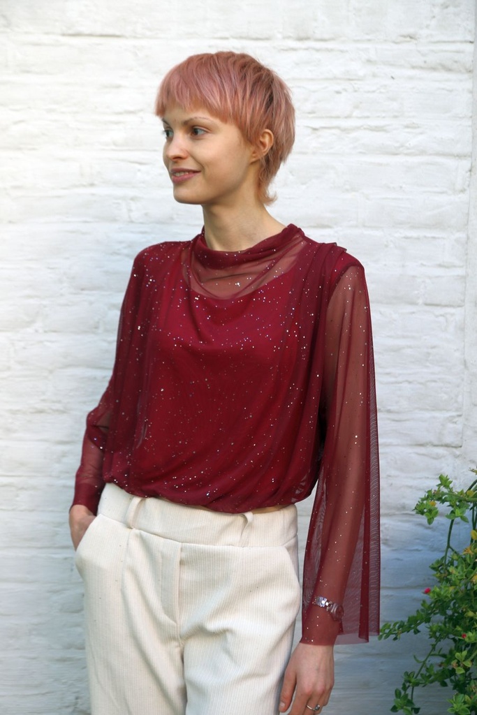 T-shirt Lazar nm53 opstaande drapagekraag gepofte zoom 