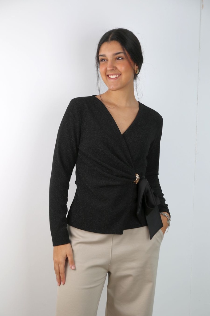 Cocktailblouse Leyna nm40 lurex gekruiste V-hals satijn binder broche linker taille