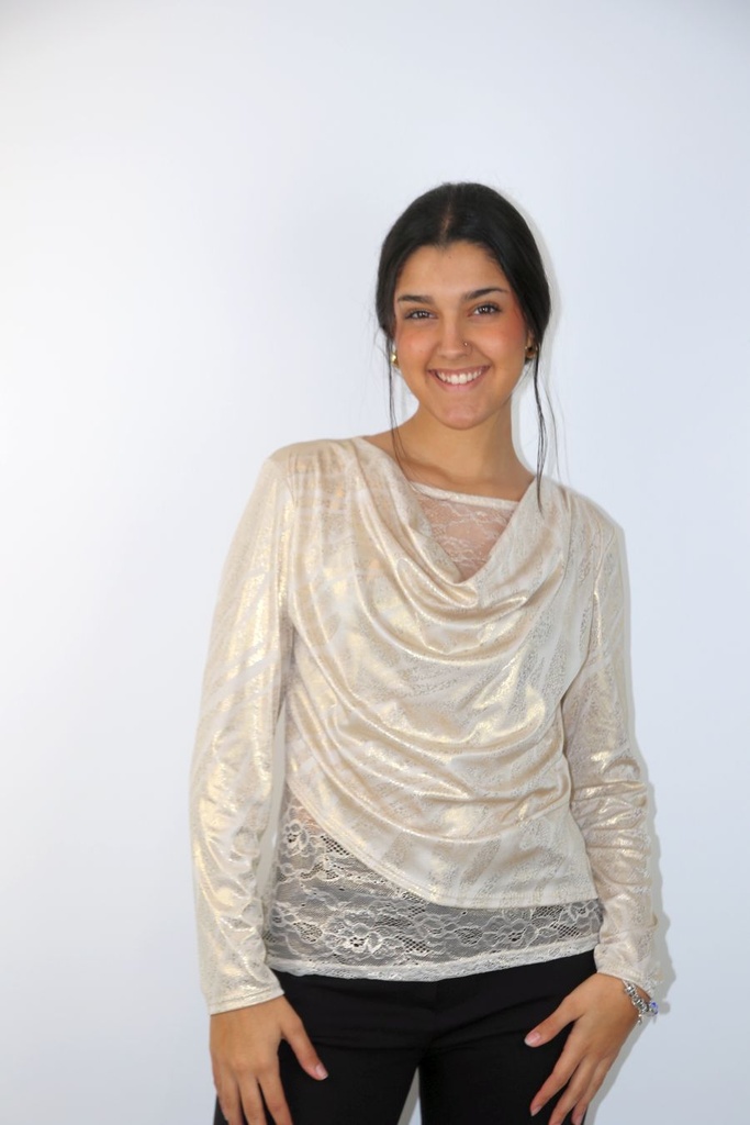 T-shirt Lumi glamy vergulde slierten drapagekraag