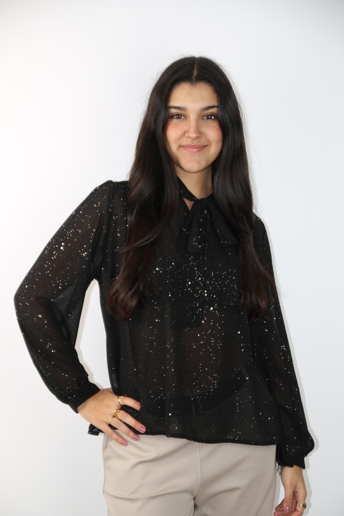 Cocktail blouse Leyna jabotkraag glamy tule wijde mouw gepofte manchet