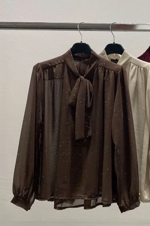 Cocktail blouse Leyna jabotkraag glamy tule wijde mouw gepofte manchet