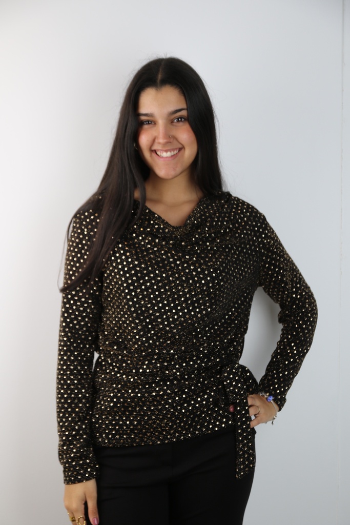 Glamy blouse Layanah nm10 pailletten drapagekraag geknoopt linkertaille