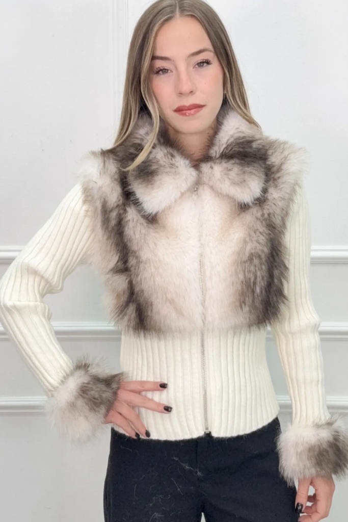 Lona nm100 tricot vest met eco vossenpels kraag en rits