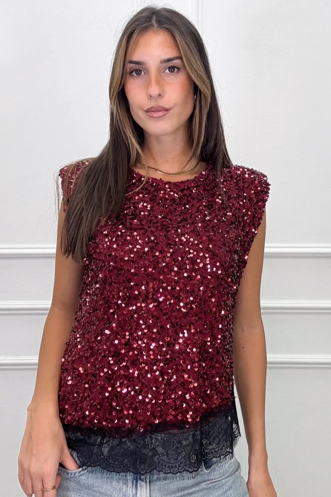 Mouwloze t-shirt Loujain nm50 pailletten open hals kanten zoom