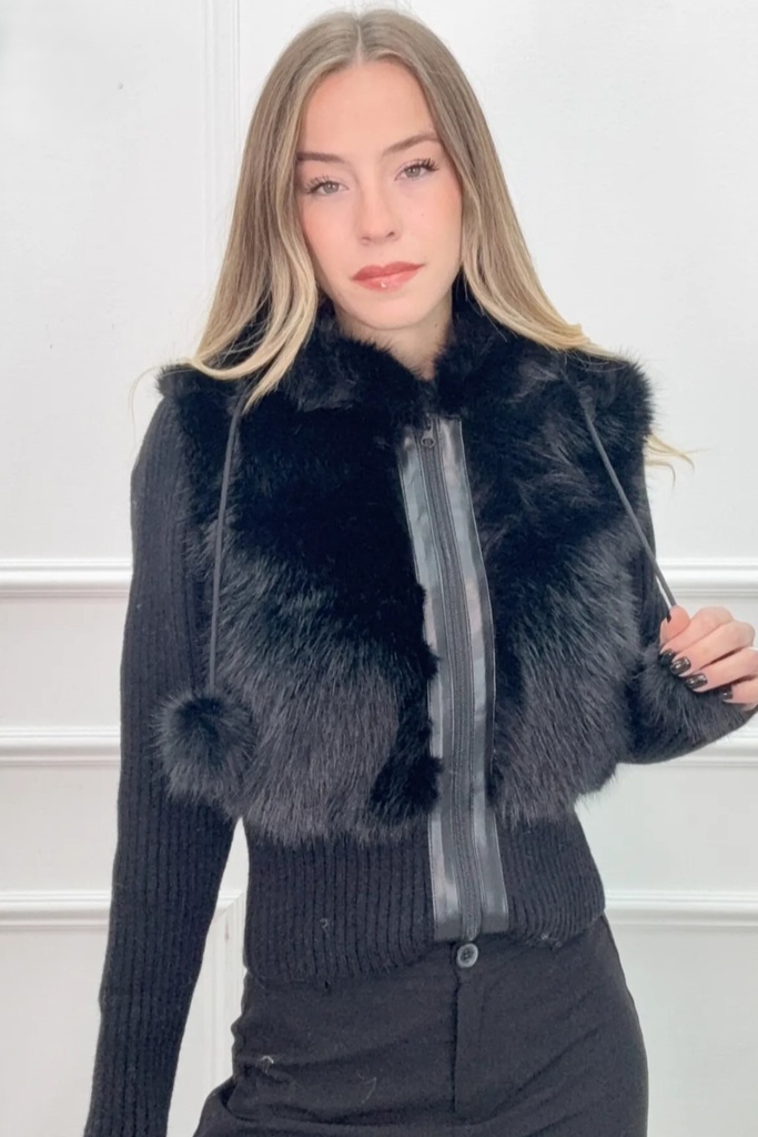 Cardigan Lucky nm100 capuchon en voorkant in eco pels 