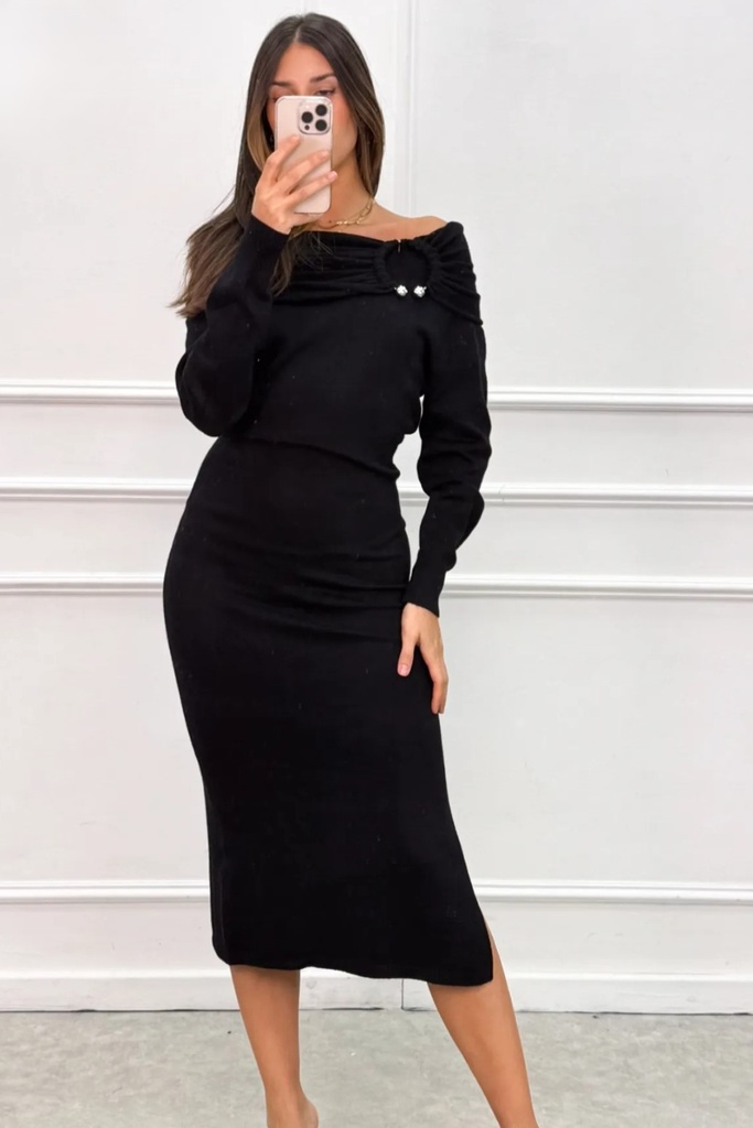 Tricot lange jurk Lucky nm50 off-shoulder met linkerdijsplit