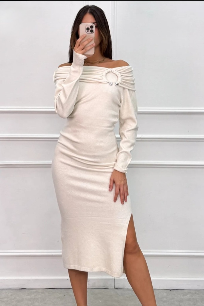 Tricot lange jurk Lucky nm50 off-shoulder met linkerdijsplit