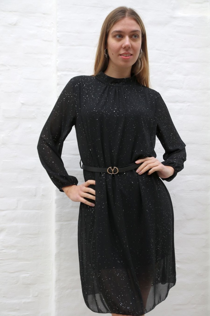 Cocktailjurk  Louka nm38 opstaande kraag glittercrepe pofmouw tailleriem