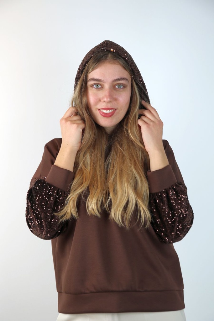 Sweater met hoodie Peer nm60 ronde hals pajetten op mouwen en kap