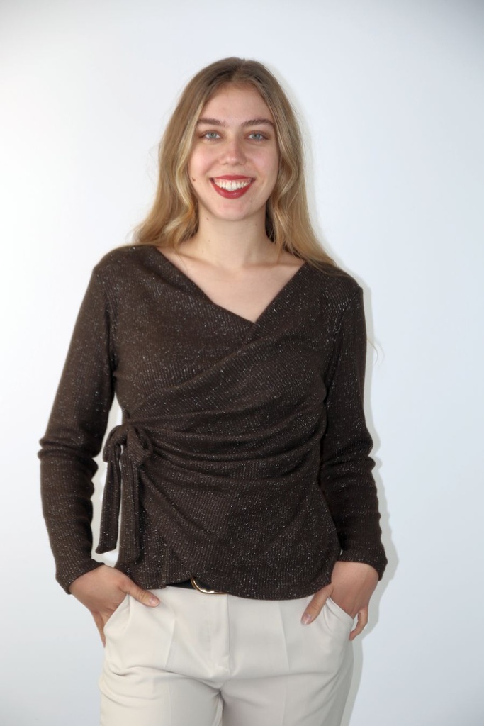 Blouse Qamar glitter overlappende V-hals knoop met strikdetail 