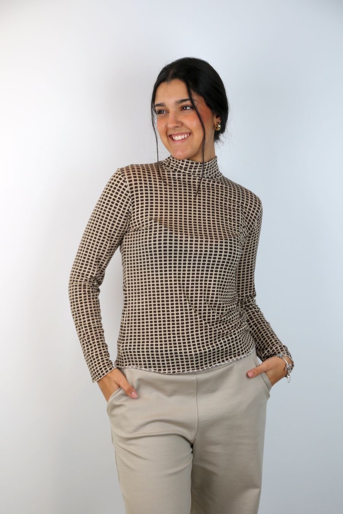 Blouse Nevra nm85 blokjespatroon opstaande kraag