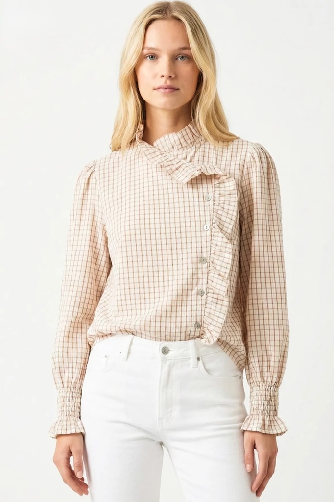 Schuingeknoopte geruite blouse Ruby met franjes nm41