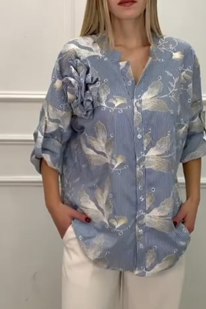 Geborduurde blouse Robert met fijne streepjes nm42