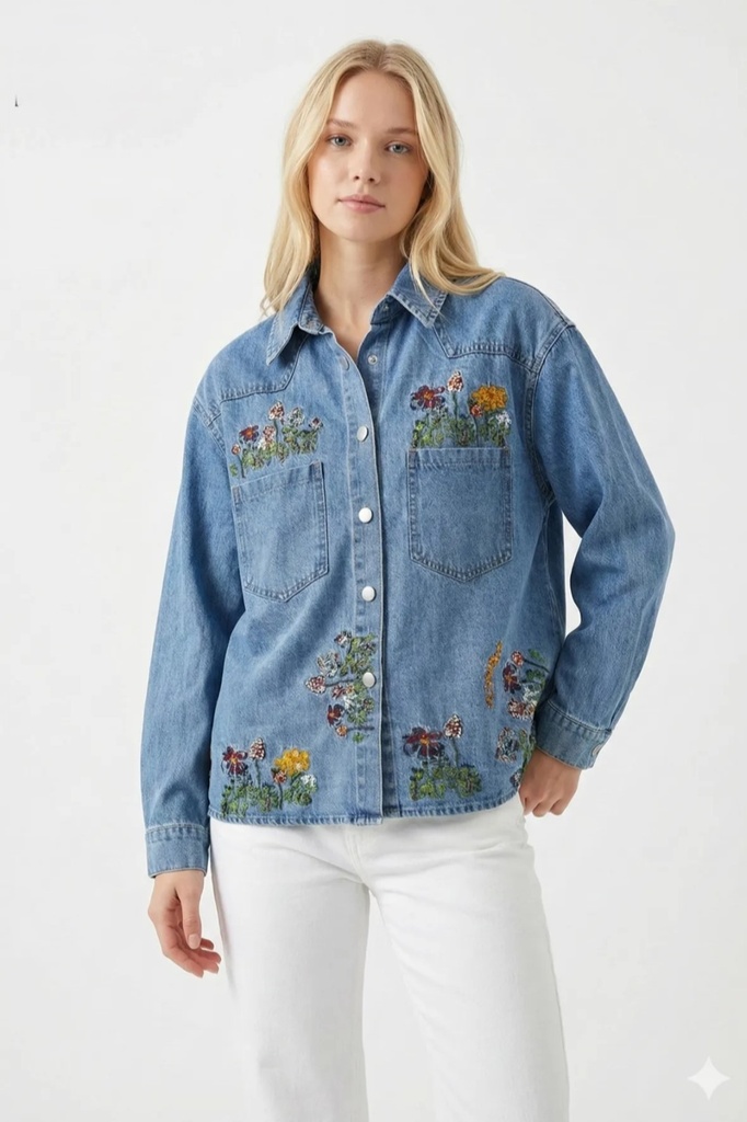 Jeansjasje Rein met kleurrijke geborduurde bloemen nm98