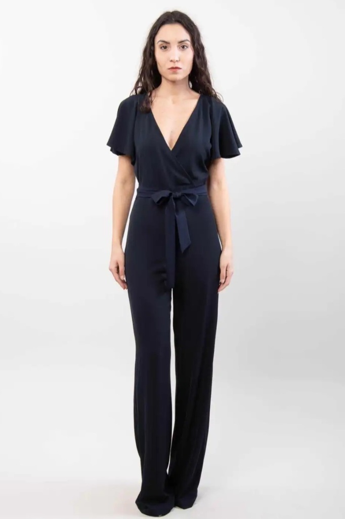 Jumpsuit Ronja kapmouw gekruiste V-hals wijde pijp