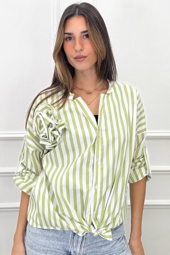 Gestreepte blouse Romee bloemenbroche nm70