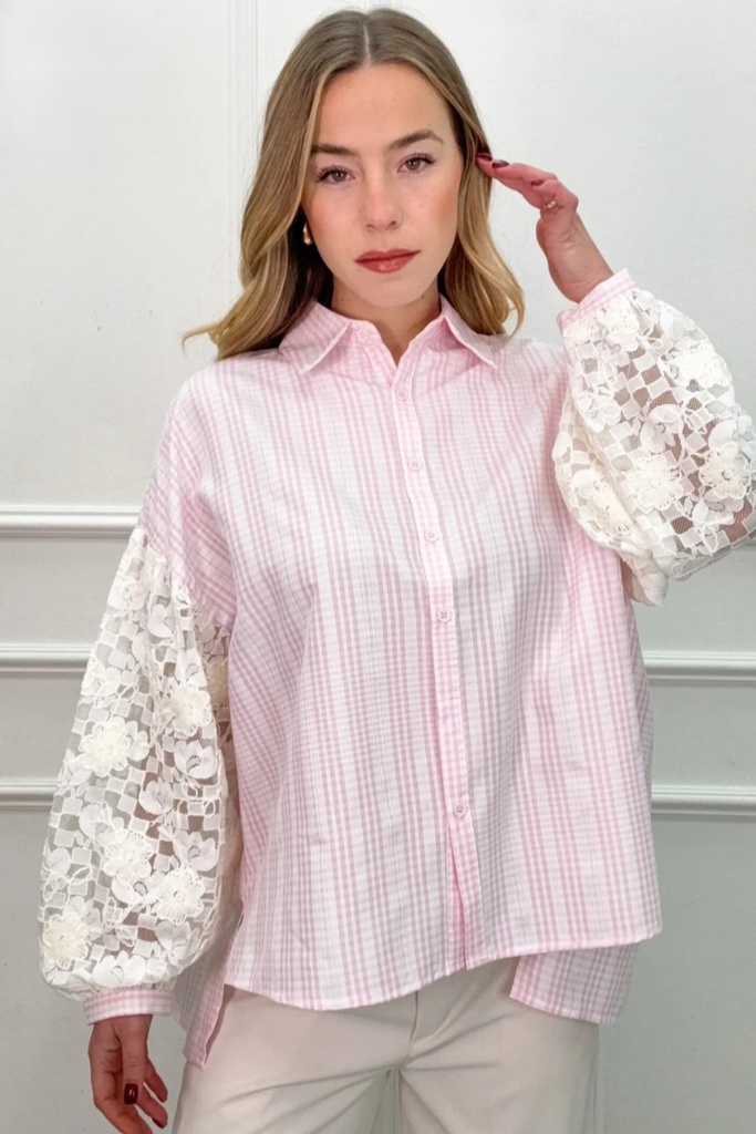 Blouse Olle nm45 plaid manches bouffantes dentelle
