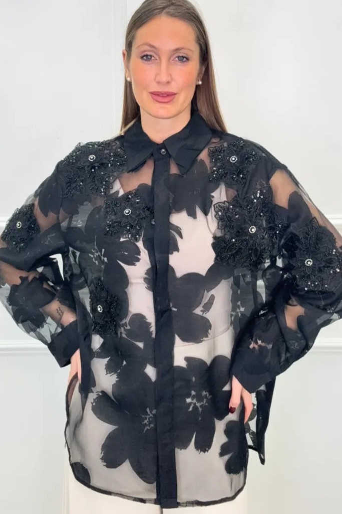 Blouse Onur kanten oplegbloemen met pailletten op netstof blindsluiting