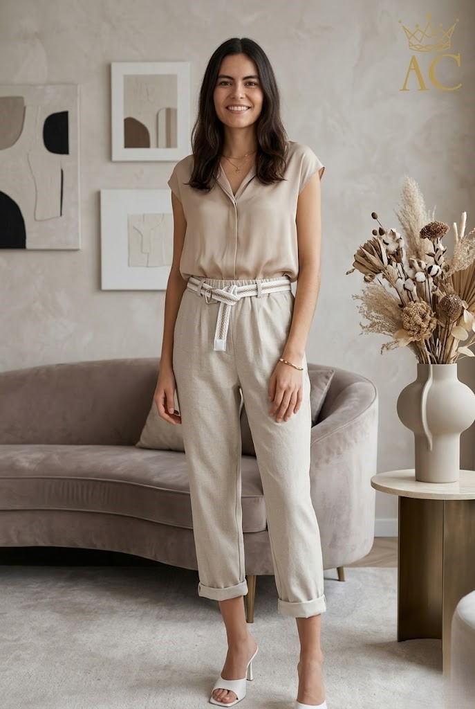 Broek Ouiam diagonale fijne strepen en gekruist moms's fit