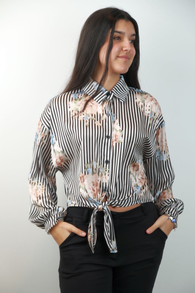 Blouse Ocean lined floral bouquet collar nacré knotted waist button