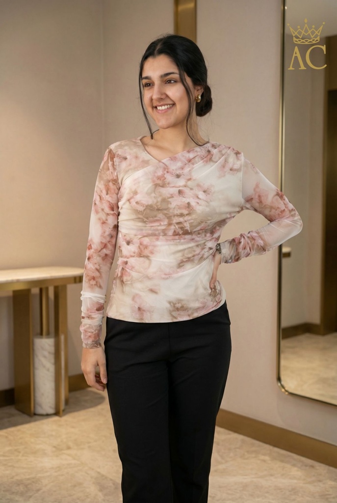 T-shirt Omayra nm43 anemonen op netstof gefronste taille en manchet