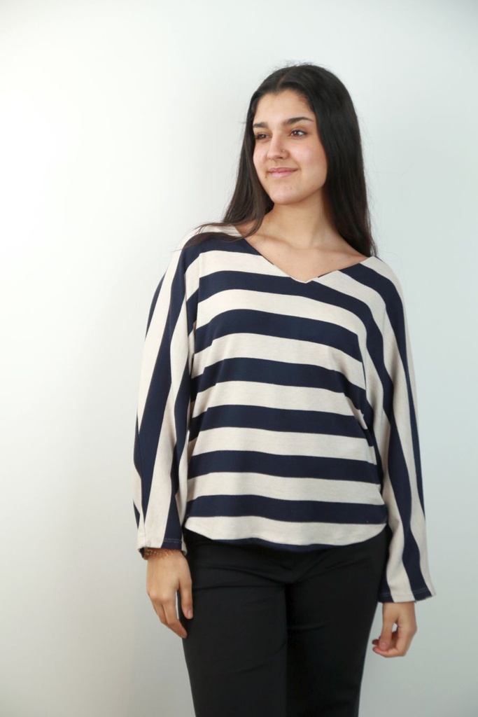 Trui Sophie nm6 horizontaal gestreept V&V hals satijnen rugbinder vleermuismouw