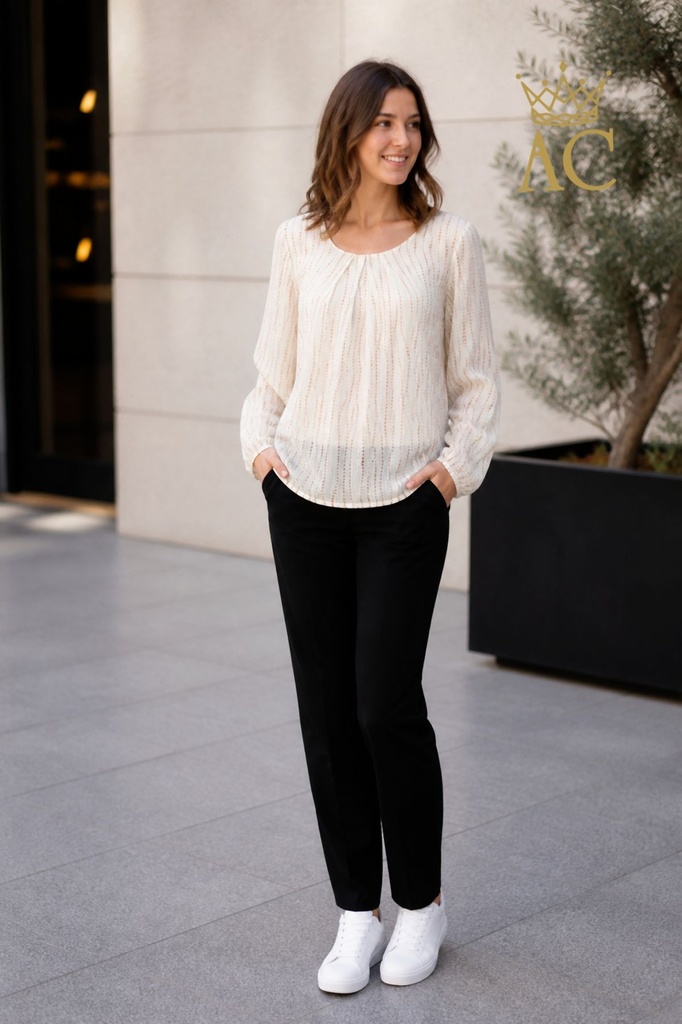 Blouse Sam nm43 verticale dotprint open hals 3 springplooien 