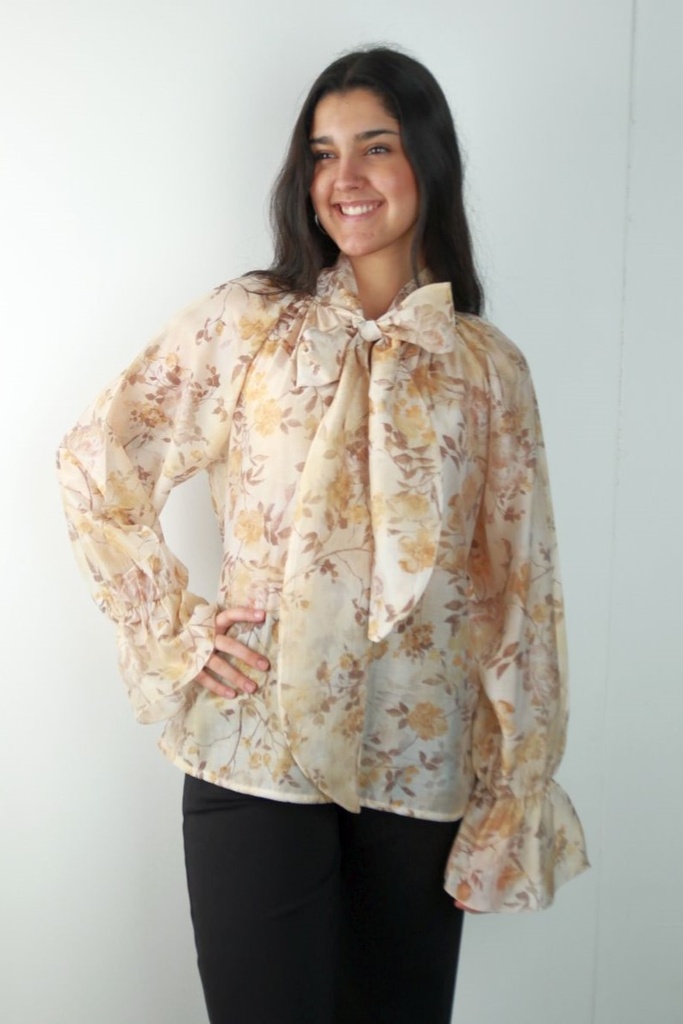 Floral blouse Roza with trumpet sleeve and bow nm85