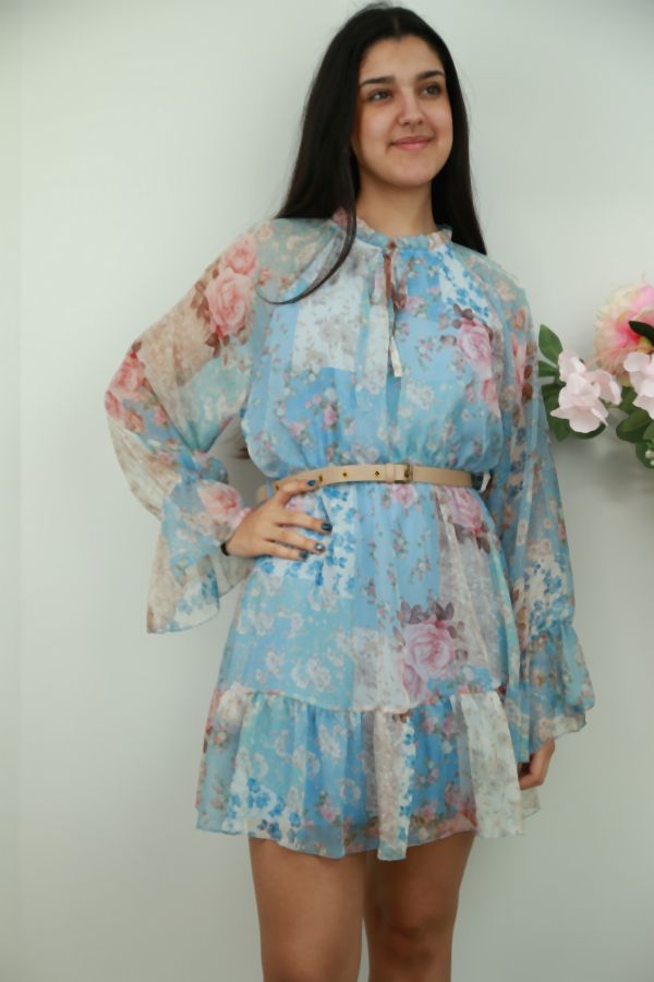 Robe à fleurs Redouan avec manche trompette et ceinture en éco-cuir nm47