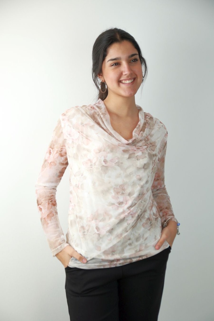 Gebloemd t-shirt Ray uit netstof met drapagekraag nm47