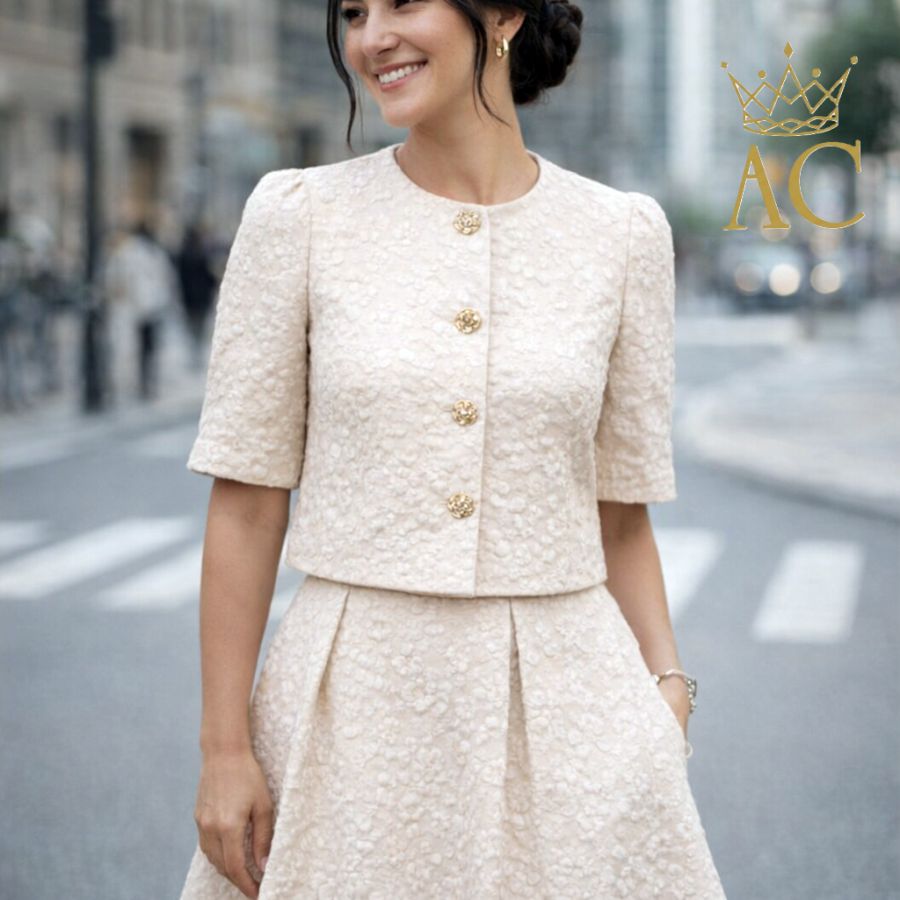 Korte vest Rinze met korte pofmouw en rozenknopen 