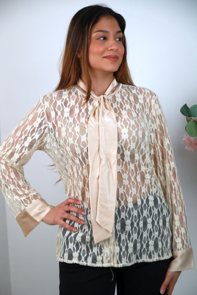 Kanten blouse Senna met satijnen strikkraag 