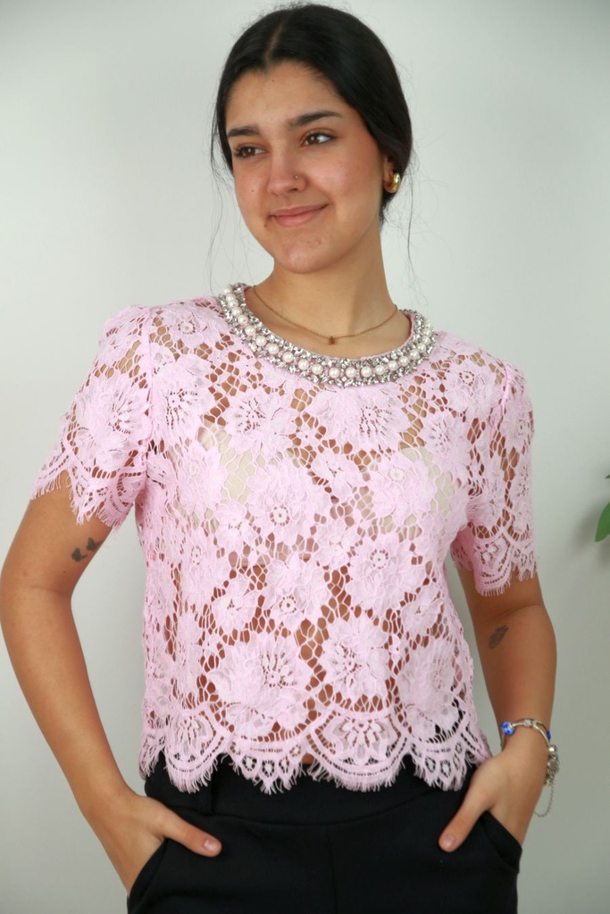 Chemise en dentelle Ajour Roemer avec col perlé