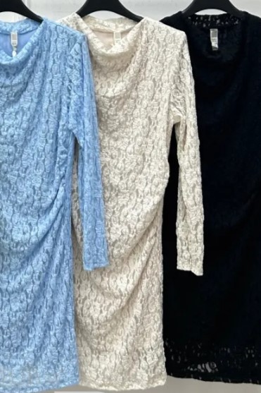 Fitted floqué lace dress Rio with draping collar and waist pleat nm47