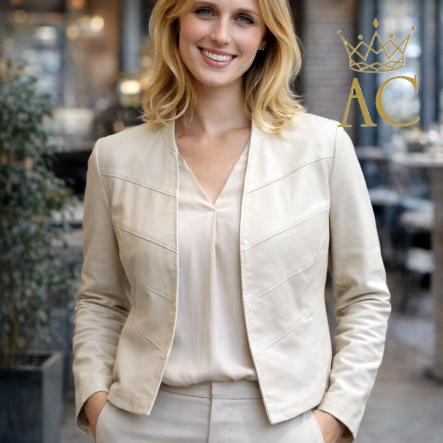 Eco leren jacket Oriana ronde kraagloze hals 4 diagonale stroken 