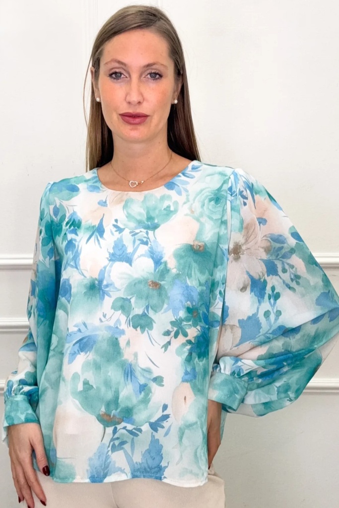 Blouse Okan nm38 wazige anemonen open hals wijde mouw gepofte manchet