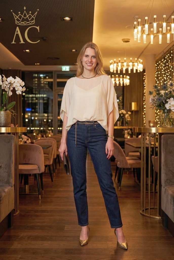 Zijde blouse Olof nm98 open hals vleermuismouw gepofte taille in viscose jersey