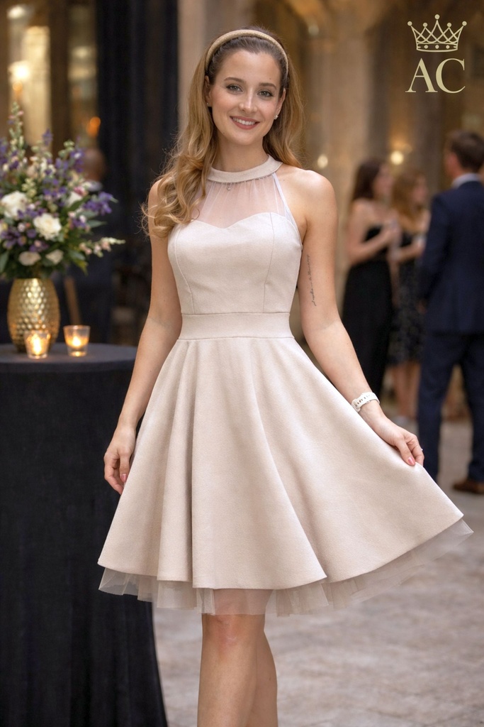 Ouissam crepe en netstof bandje rondom hals klokrok met ondervolant