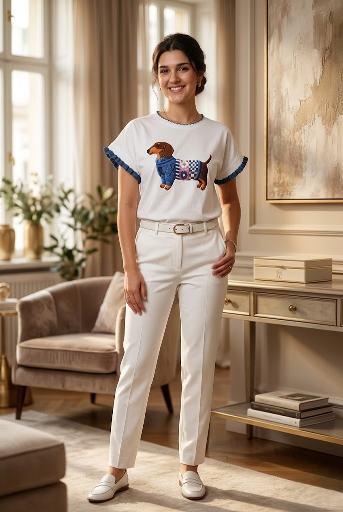 T-shirt Nassir nm92 Dachshund print franje mouwen