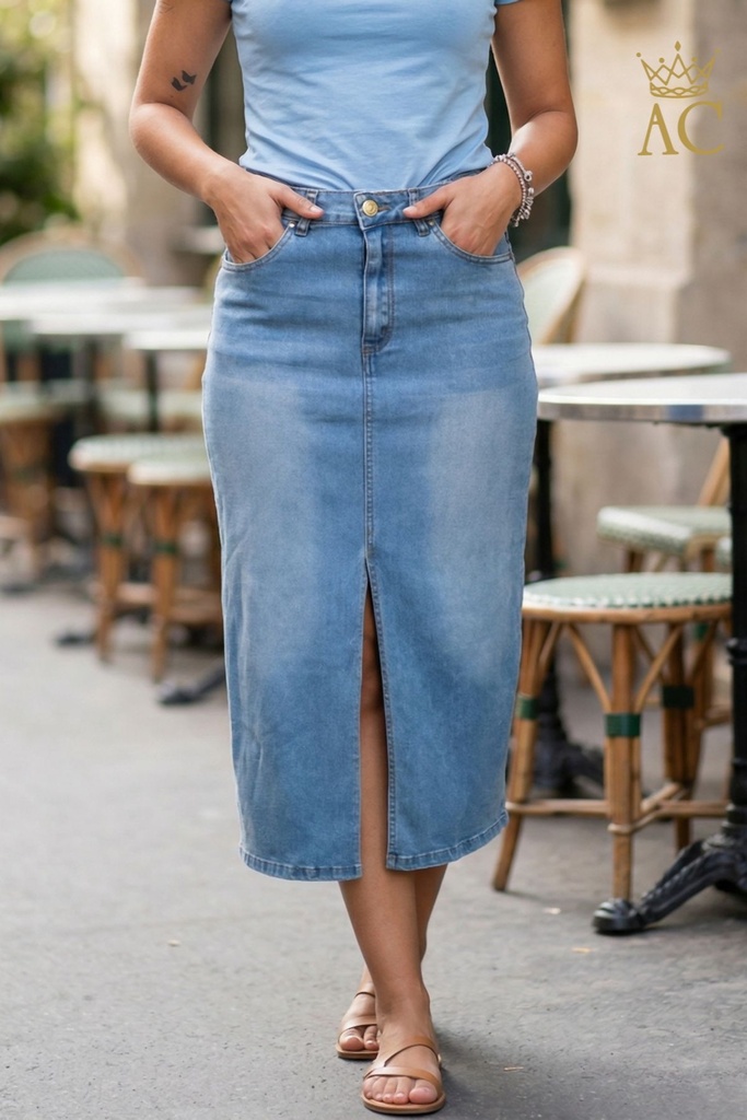 Denim rok Olan nm76 aanpassend met split midden vooraan