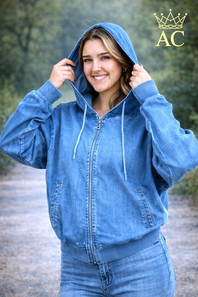 Denim jacket Owin nm98 capuchon en rijglint 