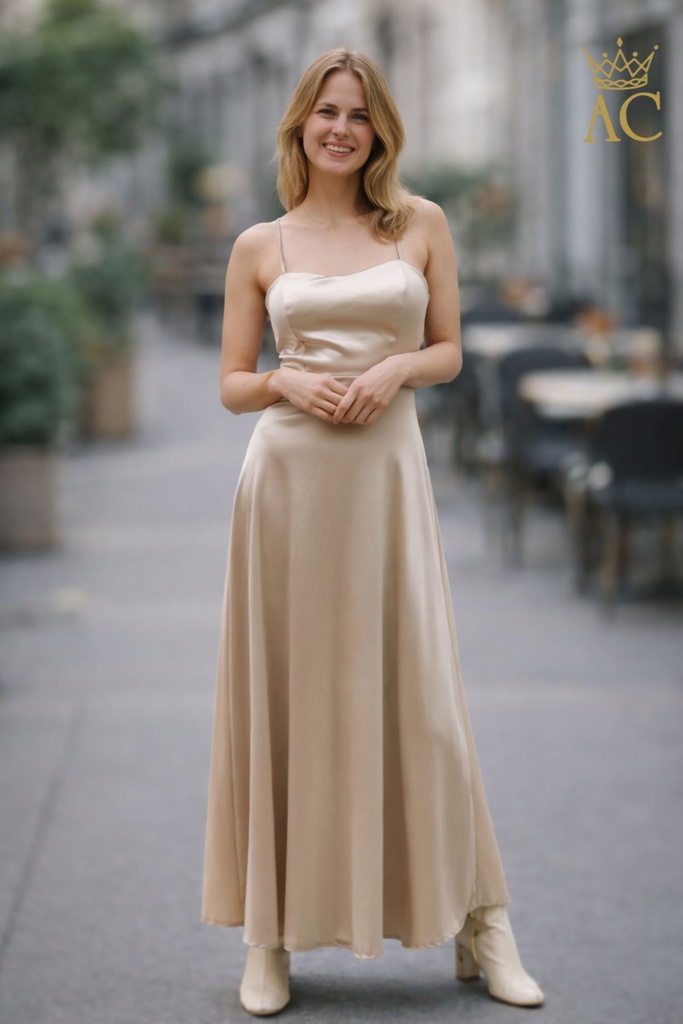 Lange cocktailjurk Osama satijn spahettibandjes open rug gekruist lint 