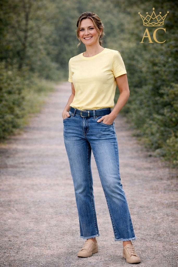 Pantalon en jean Rochelle jambe droite avec froufrous nm98