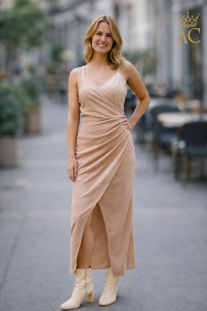 Satijnen lange jurk Ola 5 buikplooien linkerdij en diepe dijsplit cups spaghettibandjes 