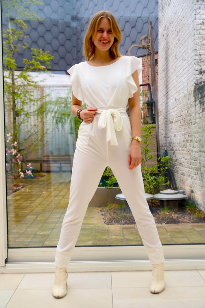 Jumpsuit Ouasim crepe volantmouw smalle pijp taille met sprinplooien