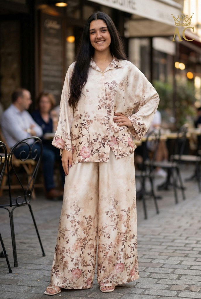 Tuniek en broek Senn nm100 bloesempatroon wijde mouw