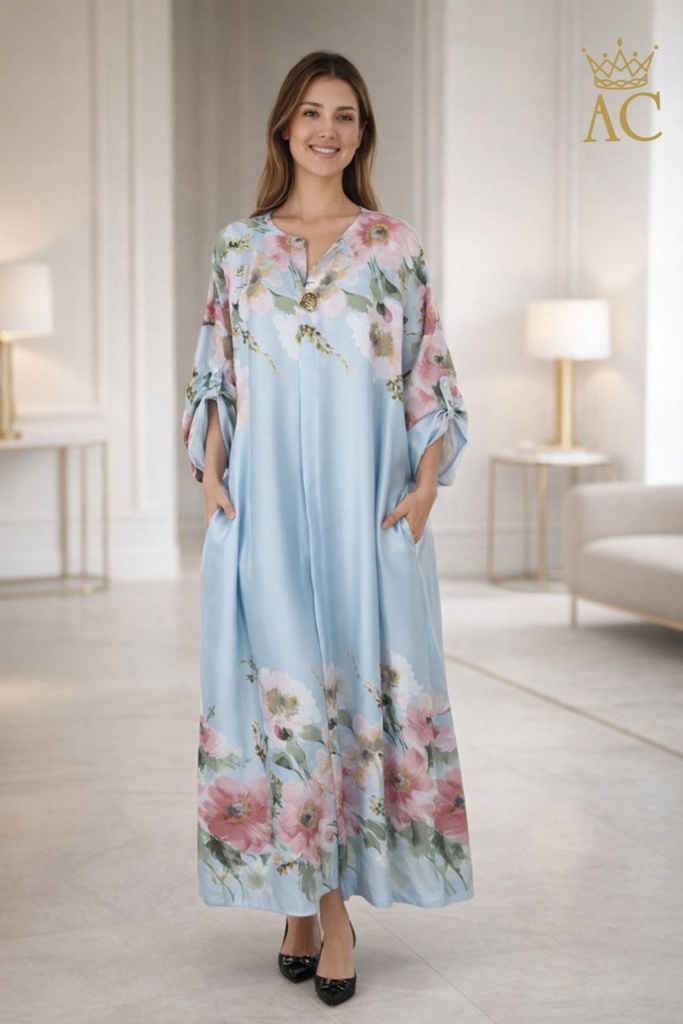 Maxi dress Sep nm100 floral pattern and decorative button.